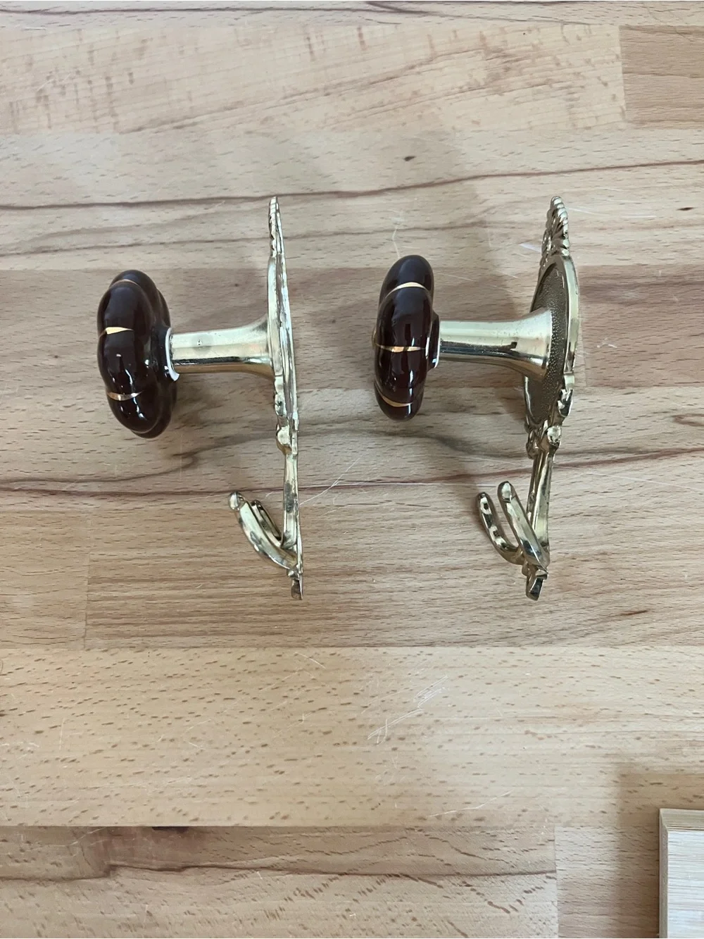 Rare Ornate Brown Glass and Metal Flower Wall Hooks with Gold Finish - Set of 2